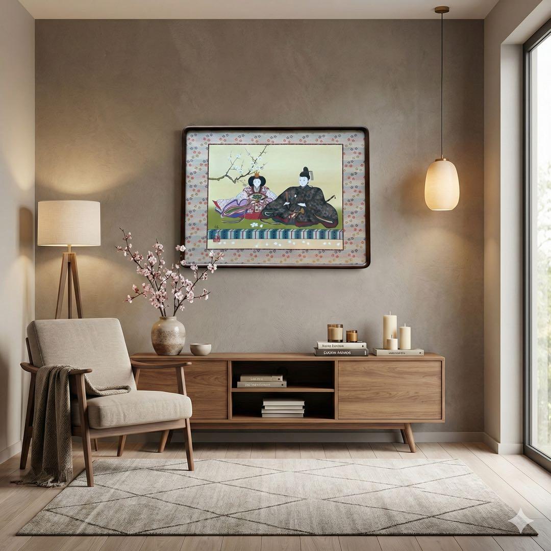 雛祭り 刺繍日本画 木製額装　約47cm x 62cm