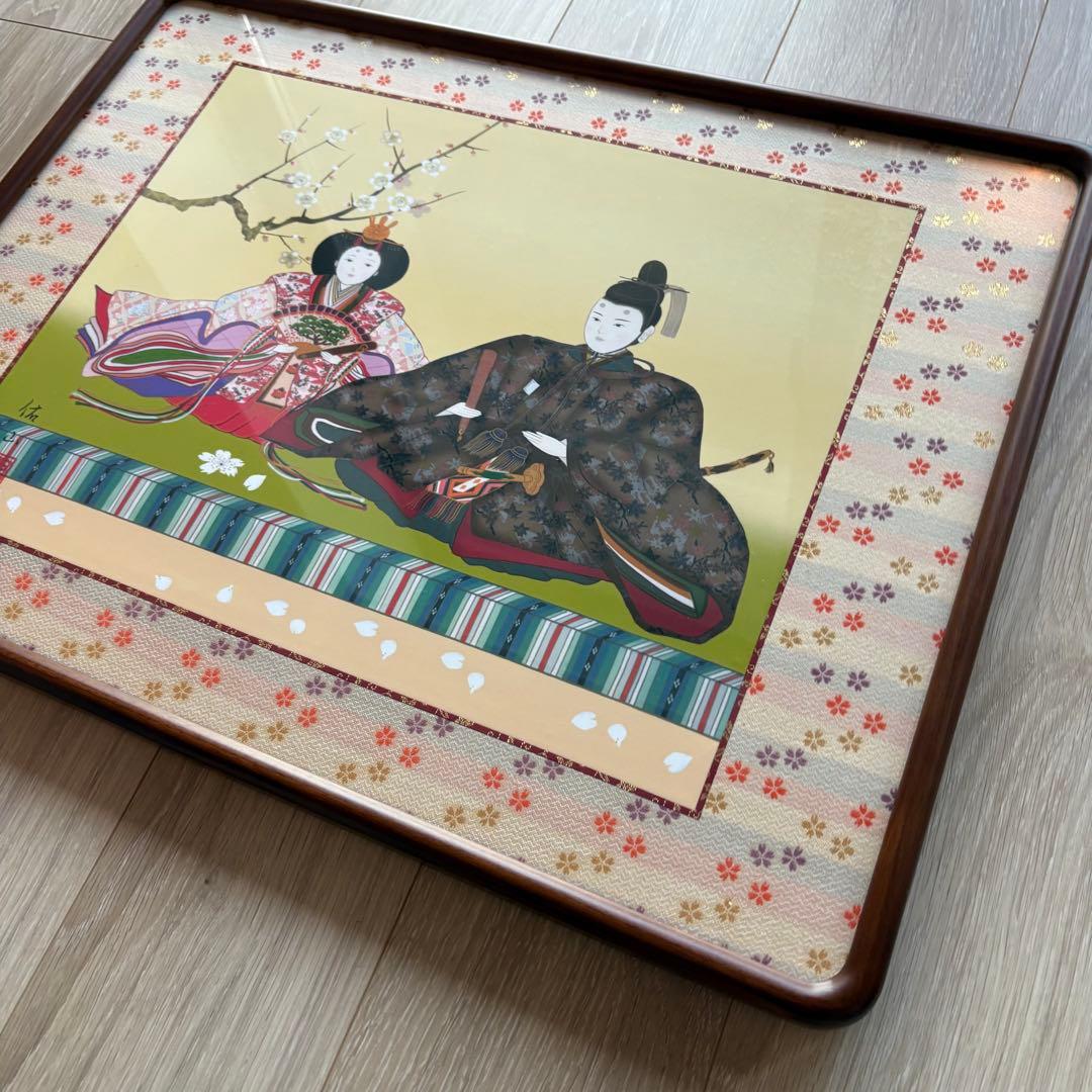 雛祭り 刺繍日本画 木製額装　約47cm x 62cm