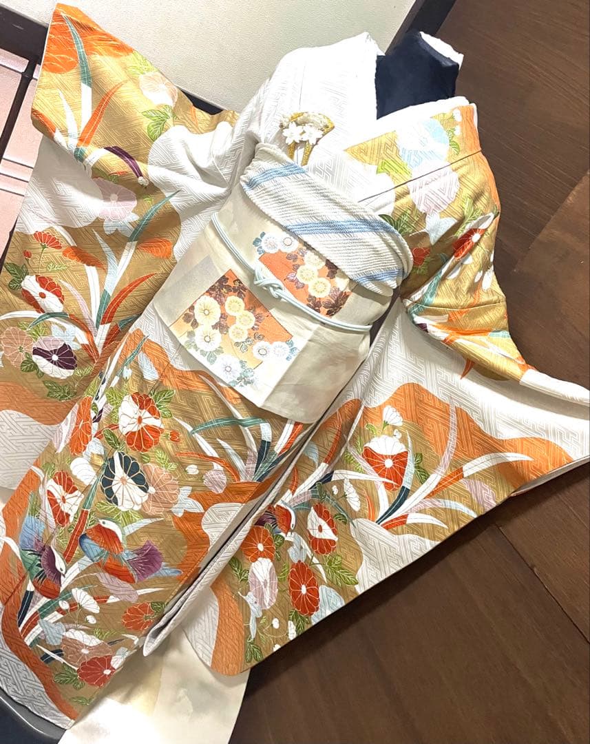 振袖フルセット6点M〜Ｌサイズ　正絹　鴛鴦花文　売り切り終了