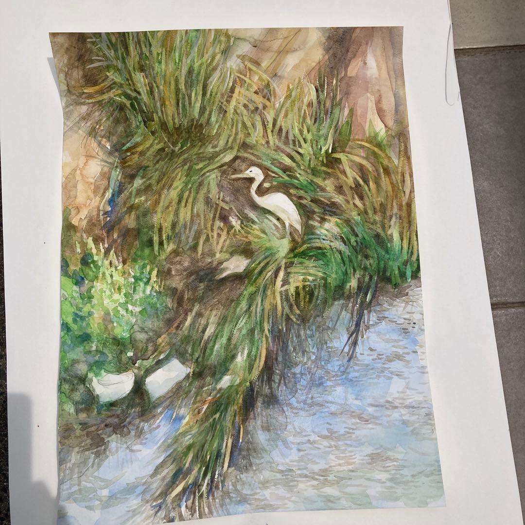 水彩画　川辺の一羽の鳥