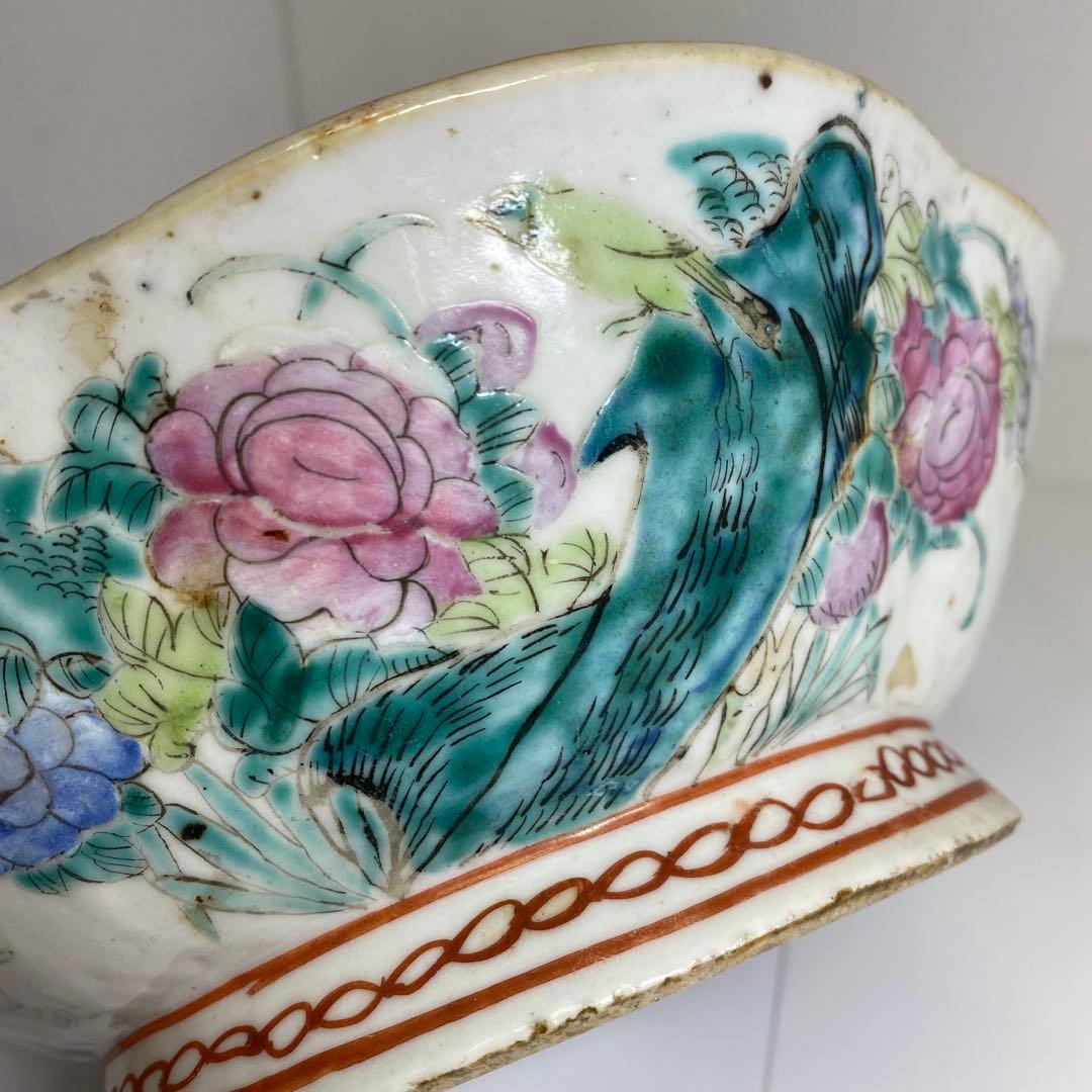 中国清時代　粉彩花鳥画鉢　幅約22㎝　東Y7-0331②タサオ