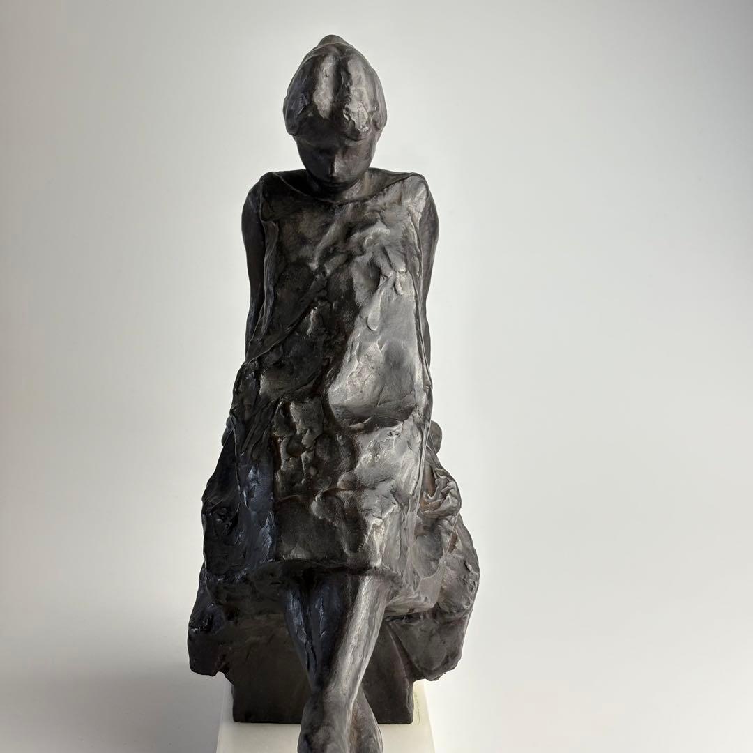 彫刻家 黒田嘉治 作 ブロンズ像 少女 1959年製作 共箱付属 東洋 彫刻美術