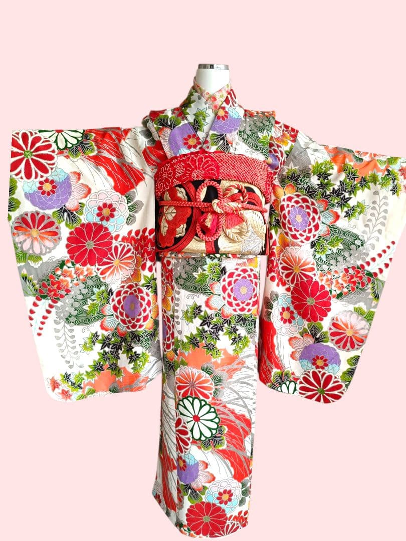 アンティークレトロポップな着物と黒地だらり帯セット