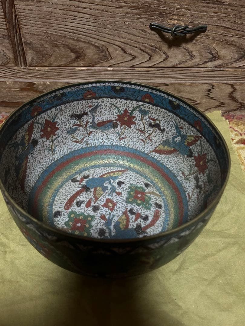 中国　明時代　花鳥文七宝　銅製　鉢　水指