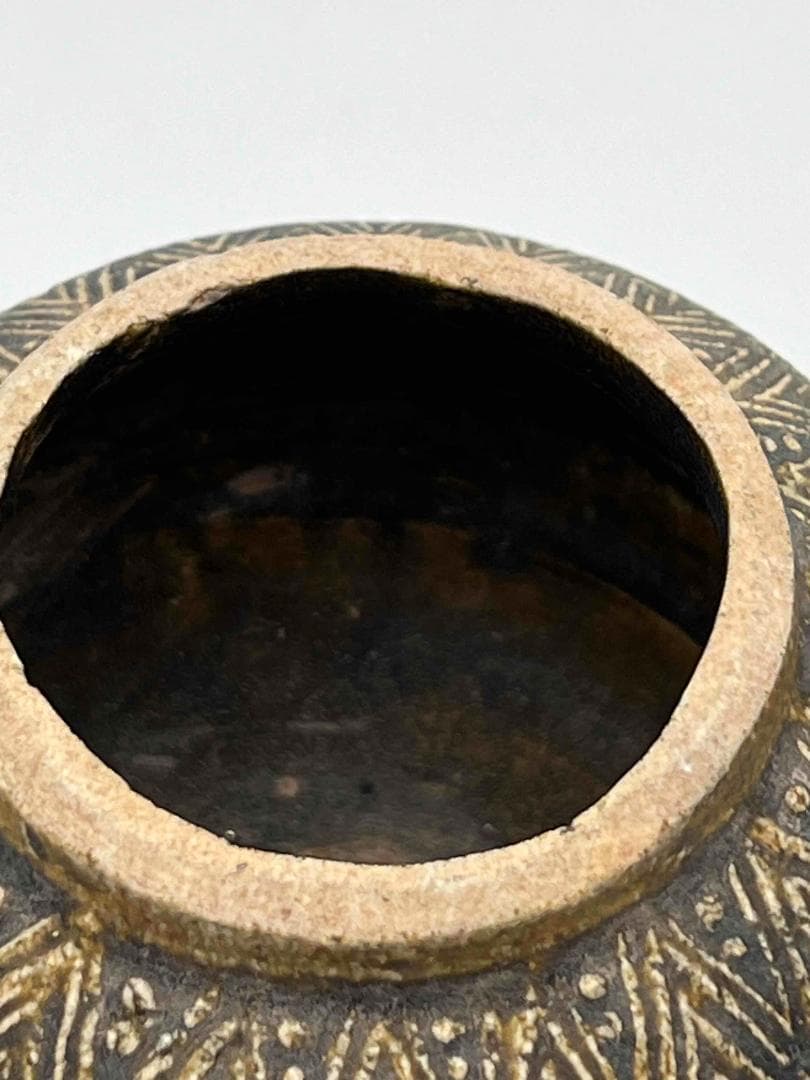 北宋時代 青磁 天目吉州窯菱格紋刻花茶入壺　蓋付き　茶入　茶道具(F-85)