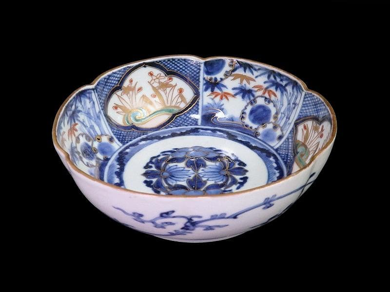 古伊万里　染錦　窓絵　雪輪に笹　花の図　膾皿　江戸期　C744AS-fbtv