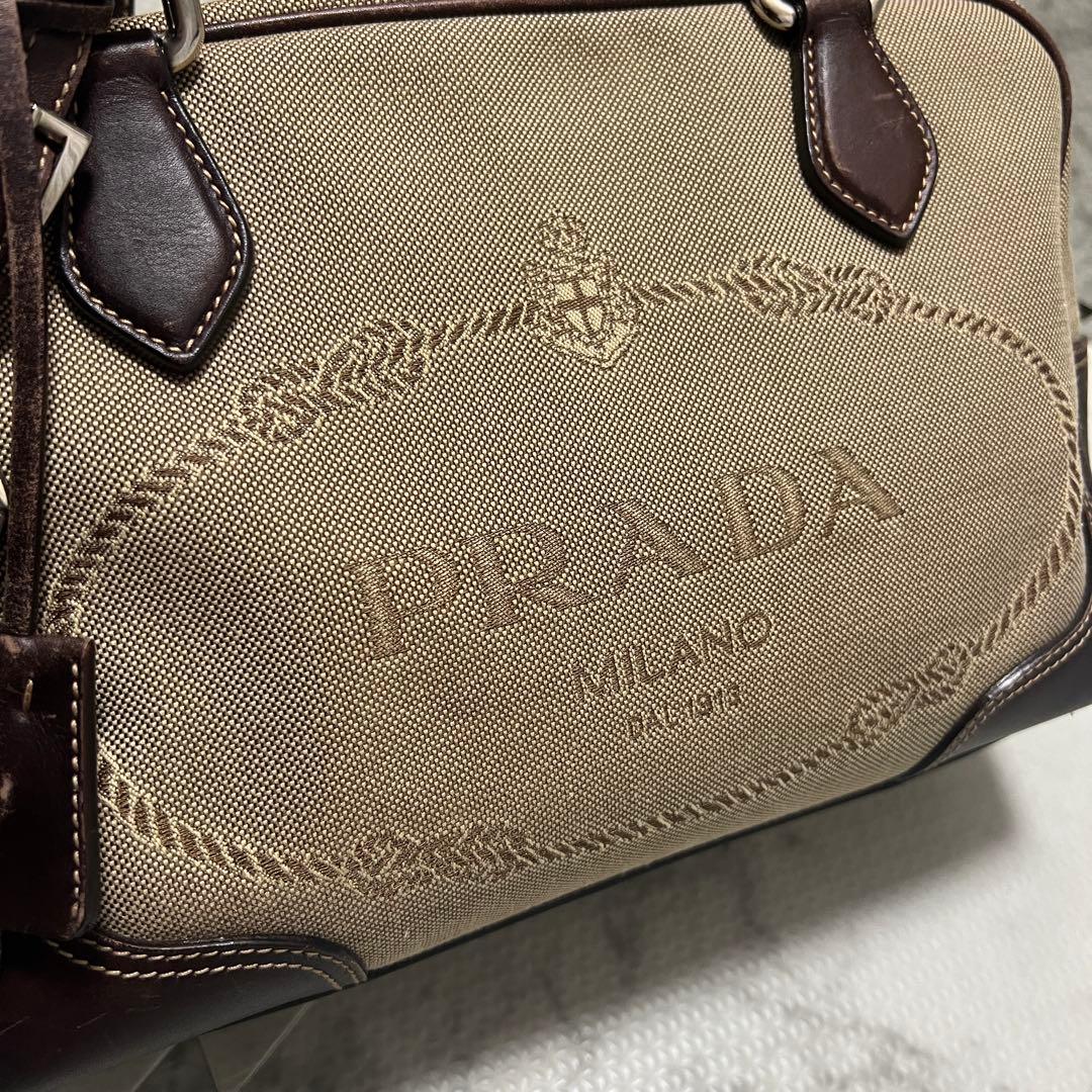 プラダ ロゴジャガード ミニボストン ハンドバッグ キャンバス レザー ベージュ