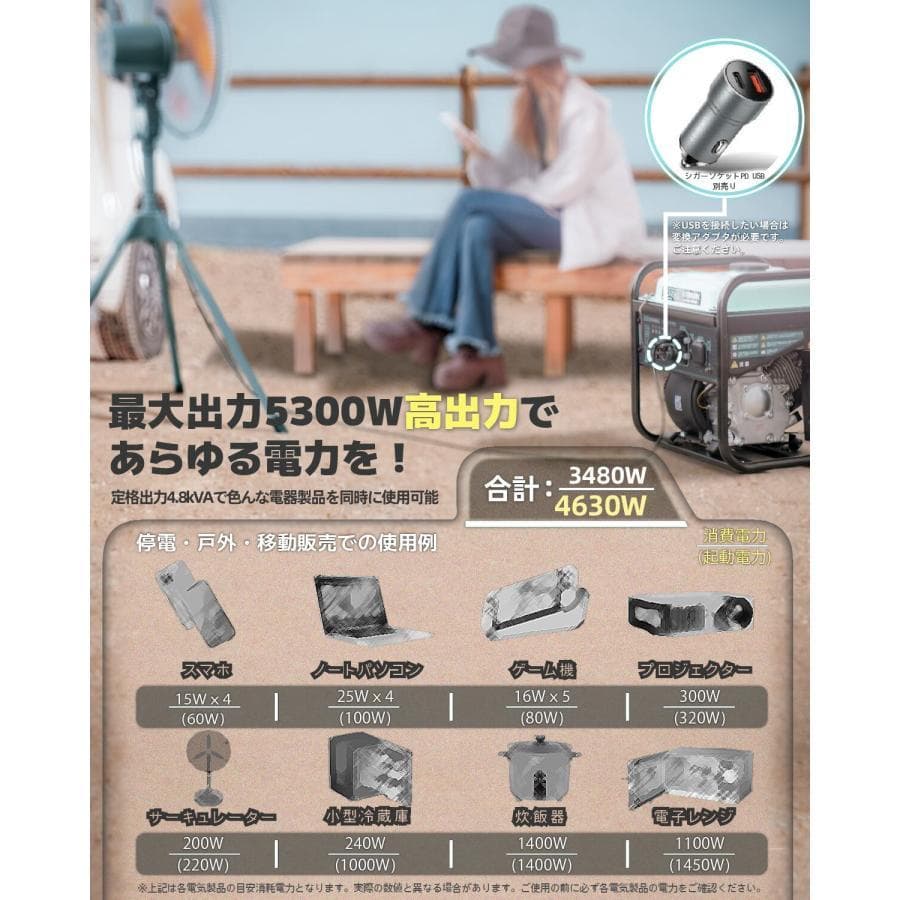 ★業界最小★Kareyouインバーター発電機 4.8kVA ガソリン 正弦波 低