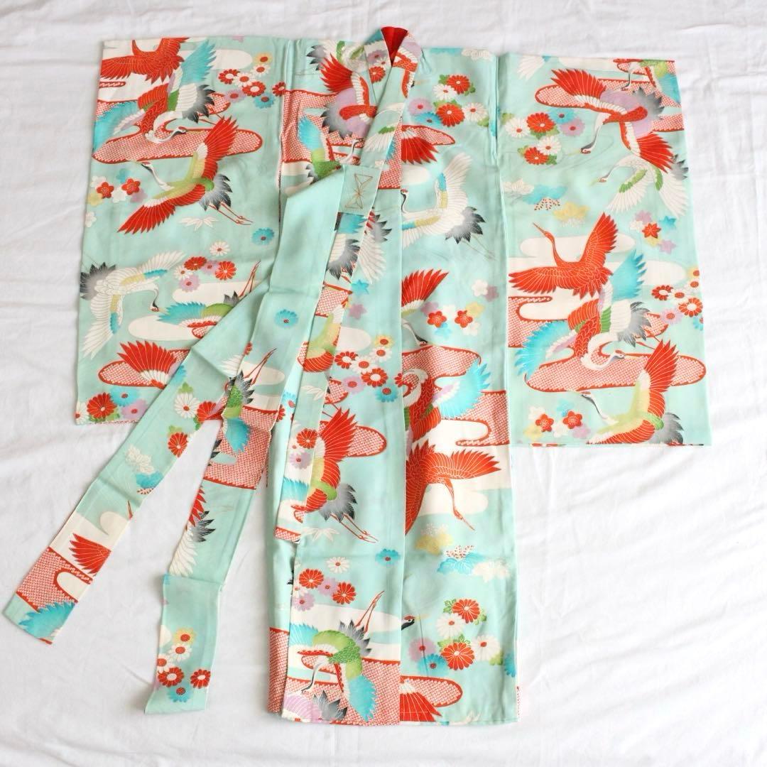 【1748】七五三 3歳 女の子 子供 アンティーク 鶴 水色 着物