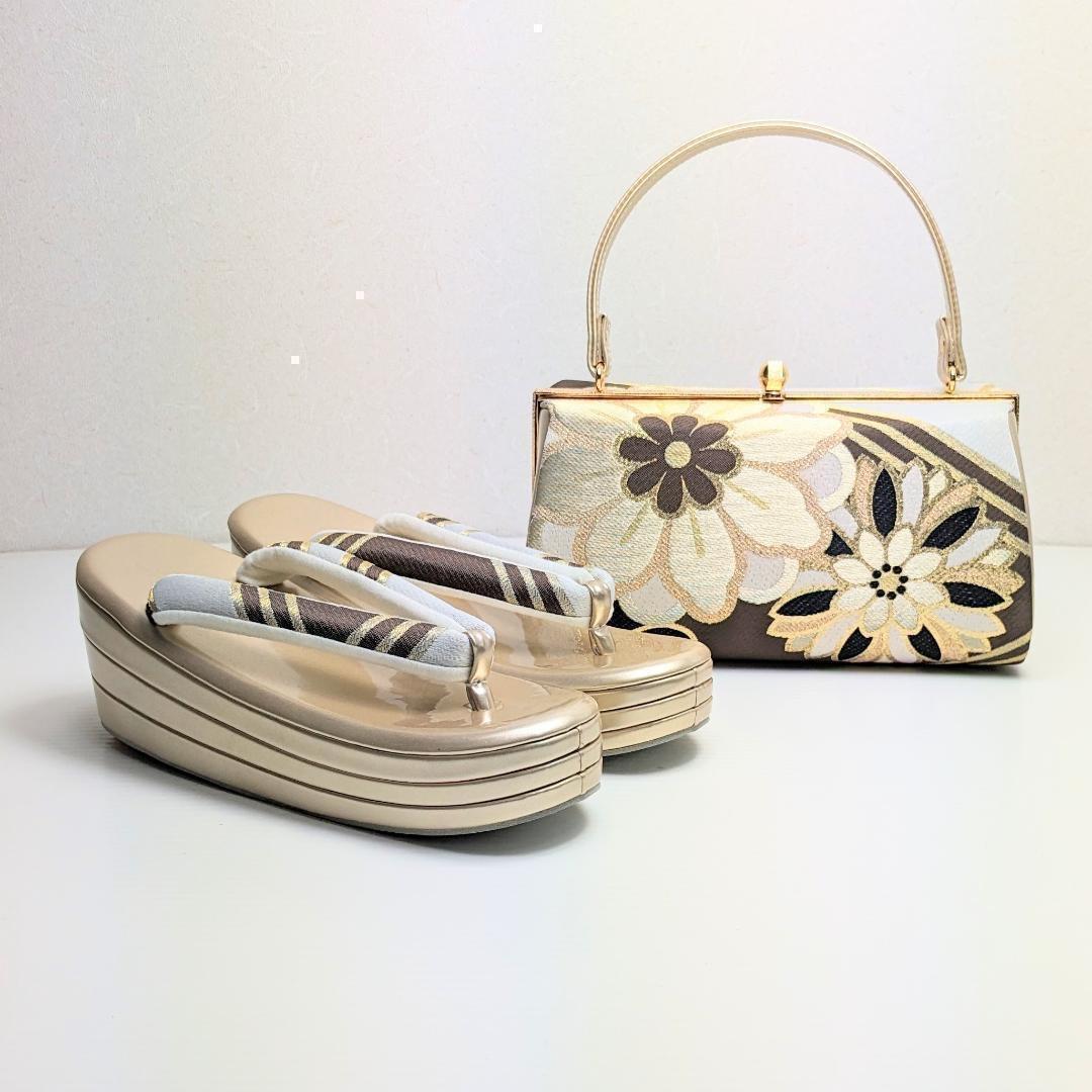 和装 草履 バッグ セット 帯地 ブラウン ゴールド フリーサイズ u94-6