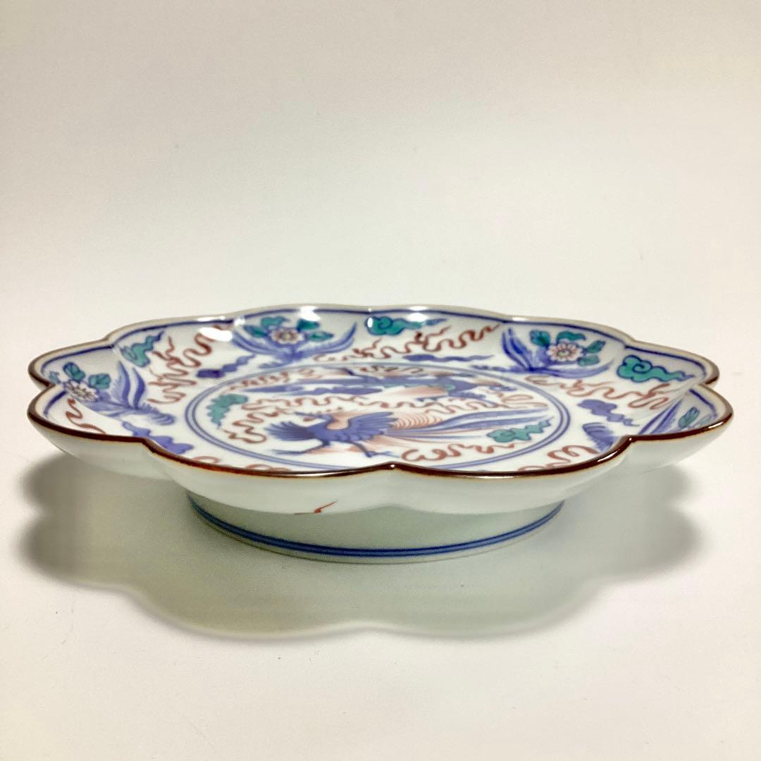 【未使用】十四代辻常陸 輪花 盛皿 染錦龍鳳凰文