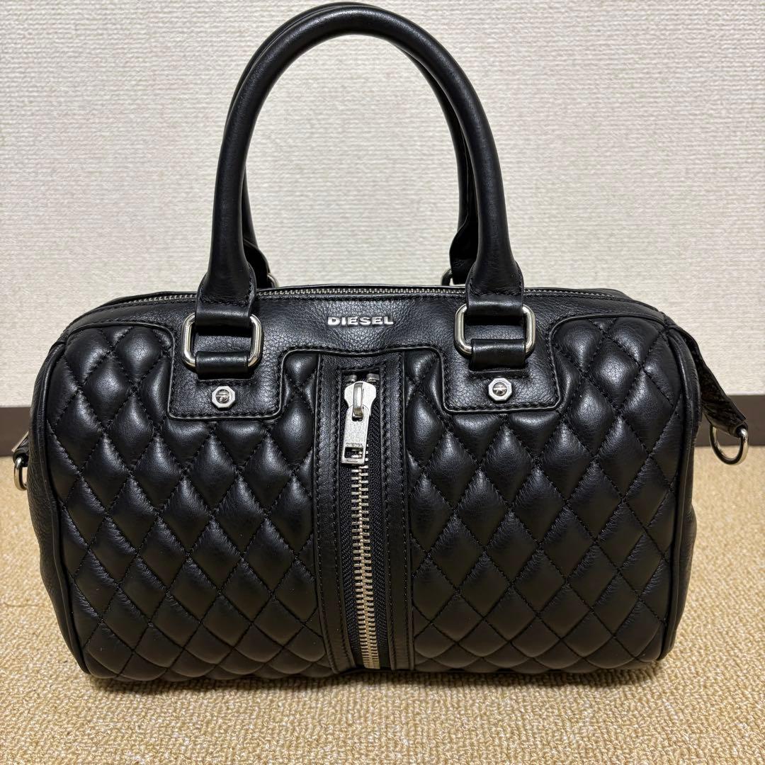 DIESEL ミニボストンバッグ ショルダー 2way キルティング 本革 黒