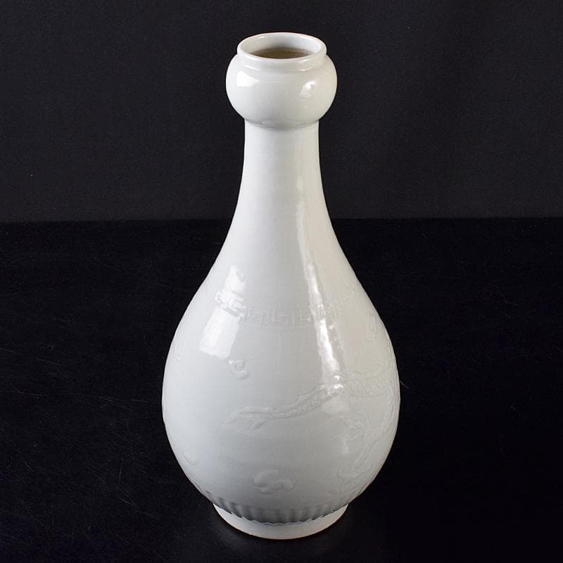 中国　影青　青白磁　陽刻　雲龍文　蒜口瓶　高さ約31㎝　M　R7918B