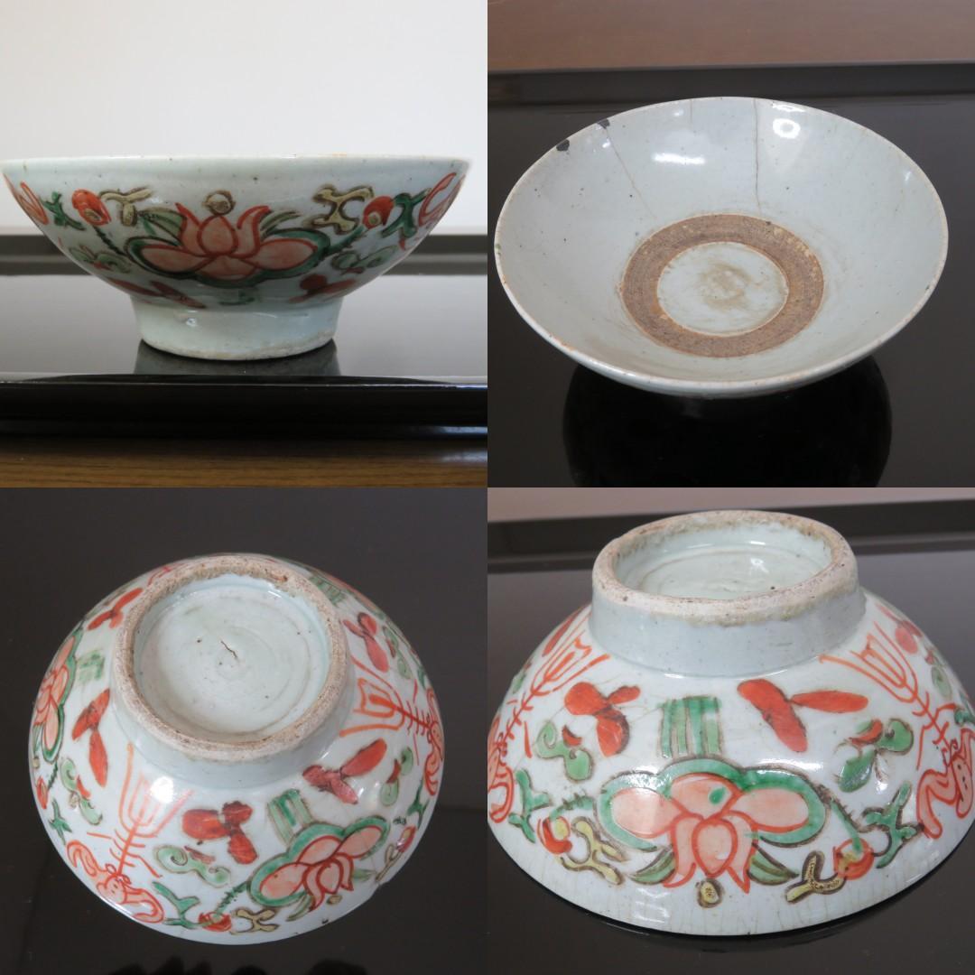 中鉢 花文様 色絵付け ニュウ 窯傷 丼 直し 中国骨董 椀