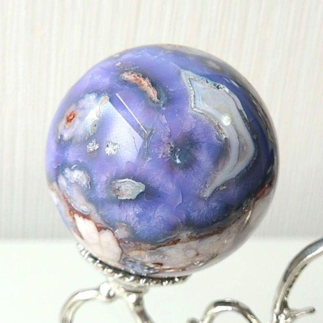 ブルー桜瑪瑙　スフィア　天然石置物　フラワーアゲート　原石　丸玉　ディスプレイ