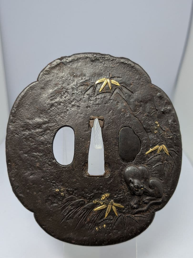 竹虎図鍔 鉄地 江戸期 9.65cm 大鐔 水戸 会津 箱付