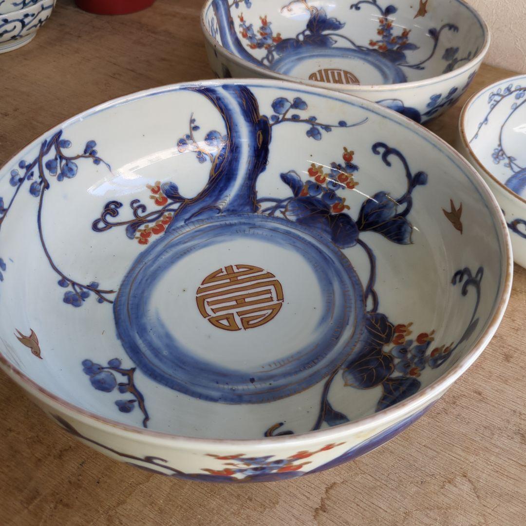骨董 古伊万里 三っ丼 大中小 鉢 染め付け 花と鳥 二重高台 器