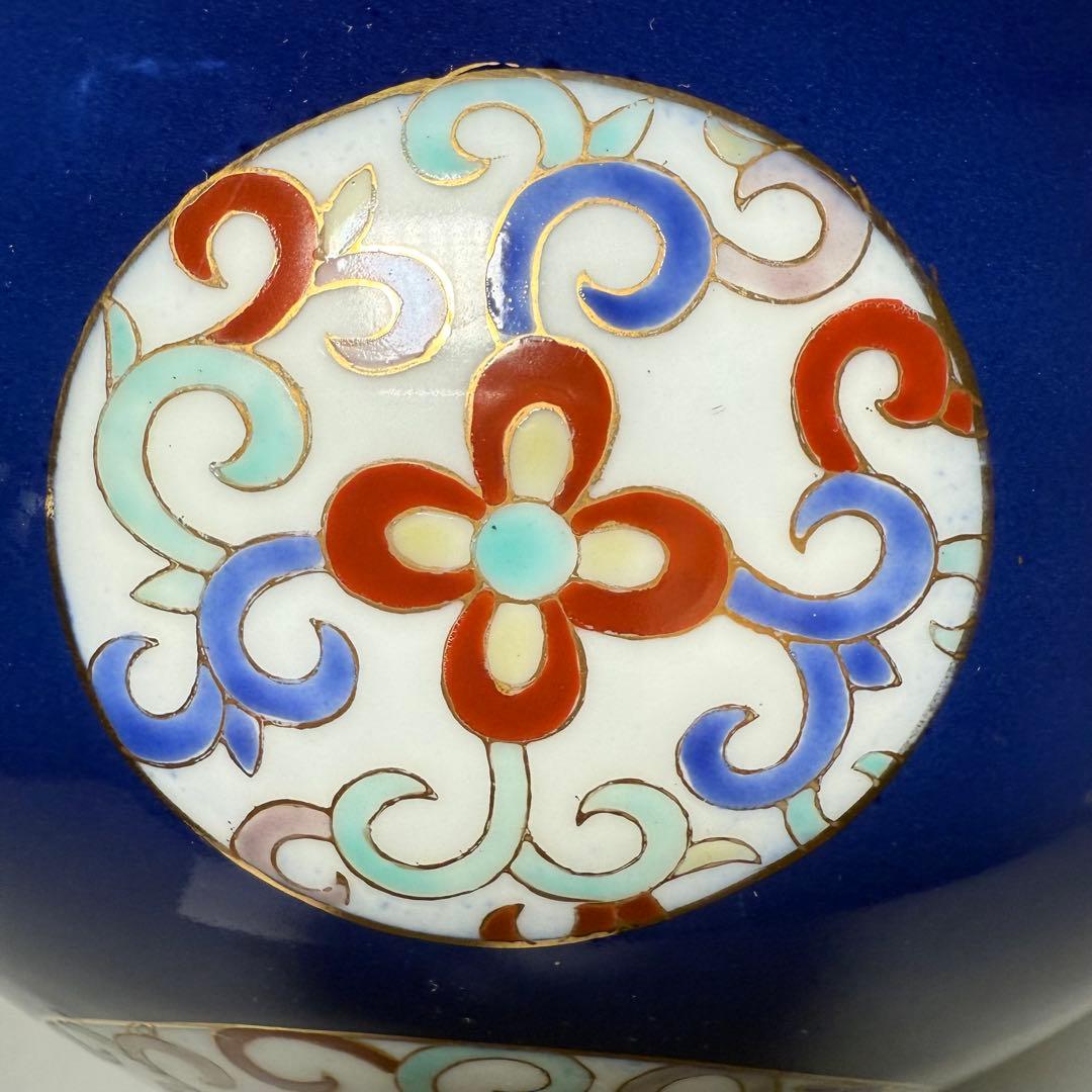 オールド香蘭社　昭和10年頃　色絵丸文様花瓶　鮮やかな香蘭社ブルー　里帰り品