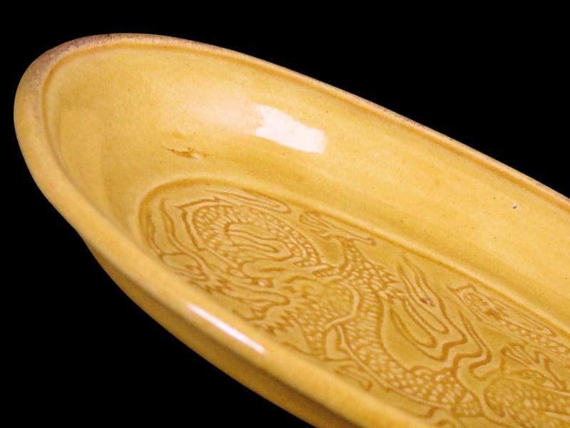 珉平焼　淡路焼　小判形　龍紋の図 陰刻　手塩皿　３枚　D022AS-fbtj