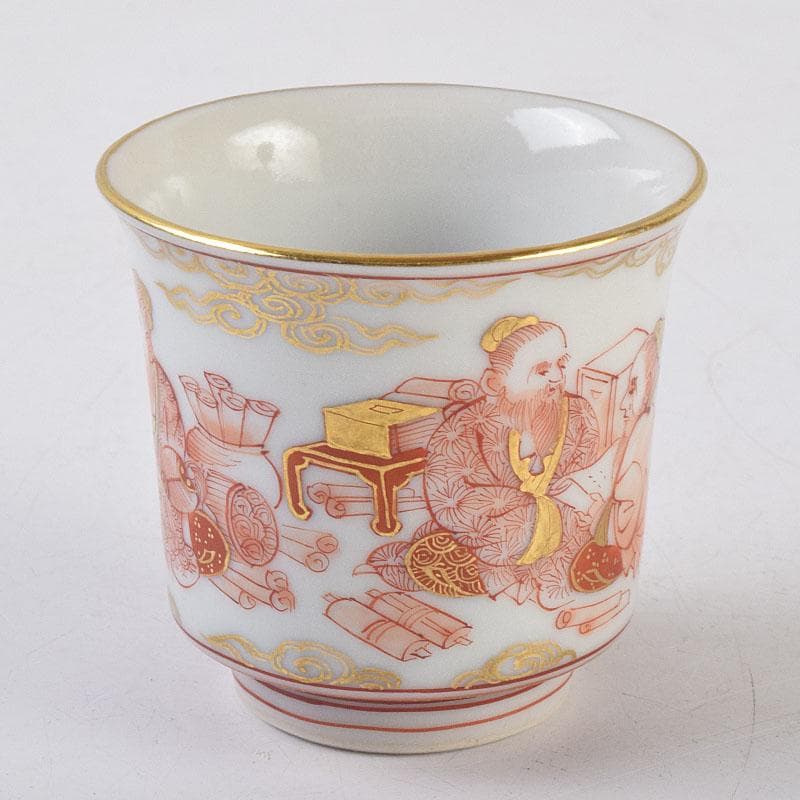 九谷焼　井上秋晴作　赤絵細密画　人物文　盃　ぐい呑み　共布共箱　M　R9169