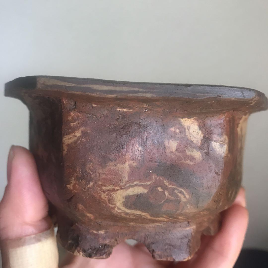 盆栽鉢　時代手捻り練り込み六角マーブルミニ盆栽鉢お洒落盆栽鉢植木鉢山野草一点物