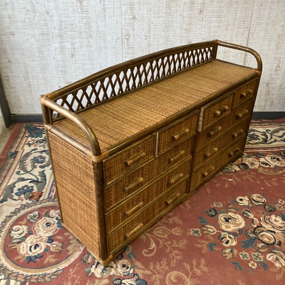 昭和レトロ ラタンサイドボード テレビ台 古家具 4段10杯 引き出し箪笥