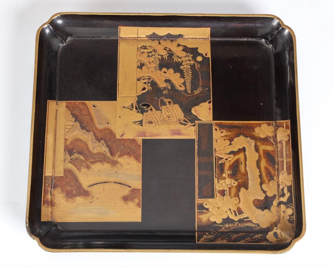 漆塗金蒔絵 野弁当 野点 花見重 重箱 錫製徳利 台付 骨董 古美術漆器　漆