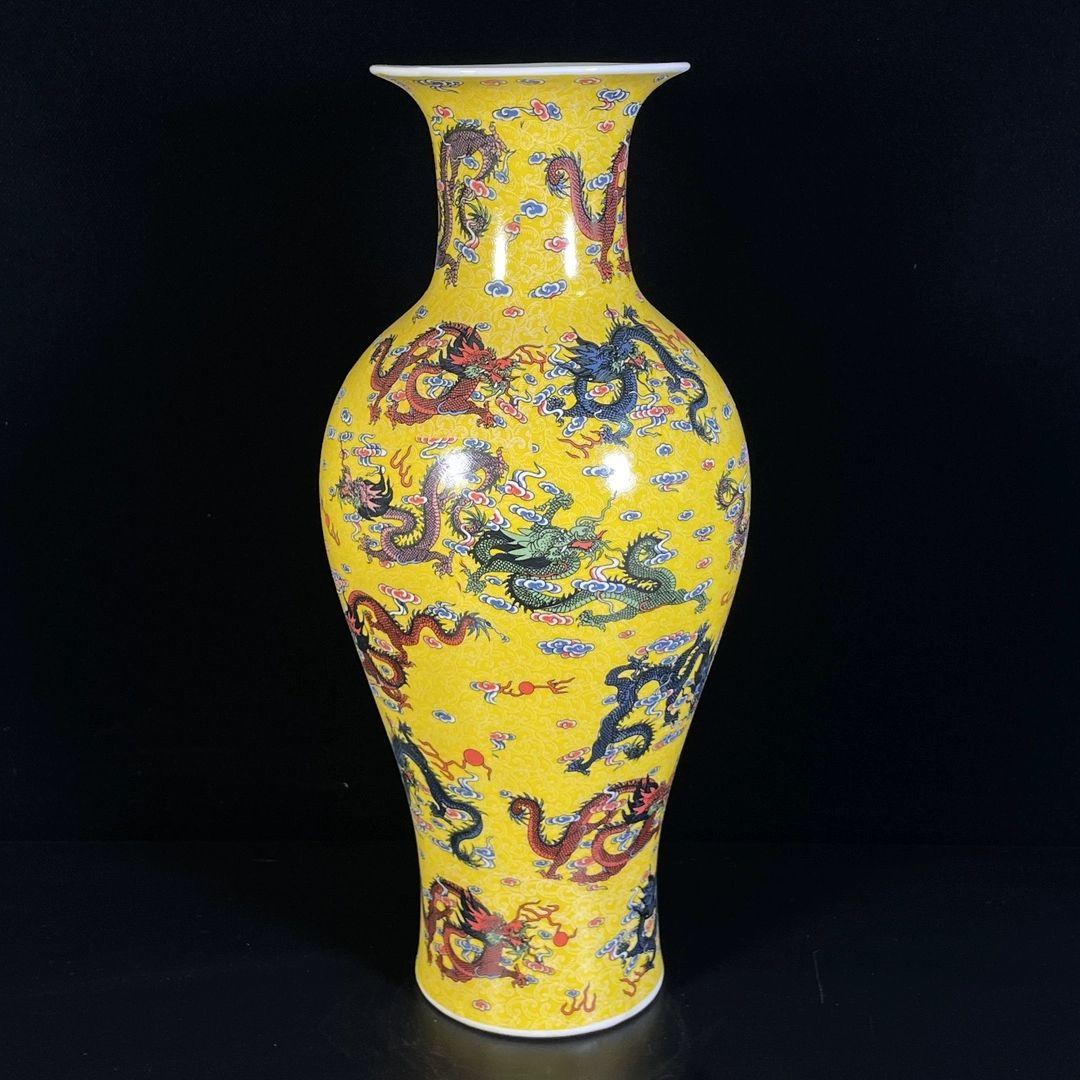 帝王黄釉五彩龍紋盤口瓶 景徳鎮 陶磁器 装飾品 現代工芸品 美術品 置物