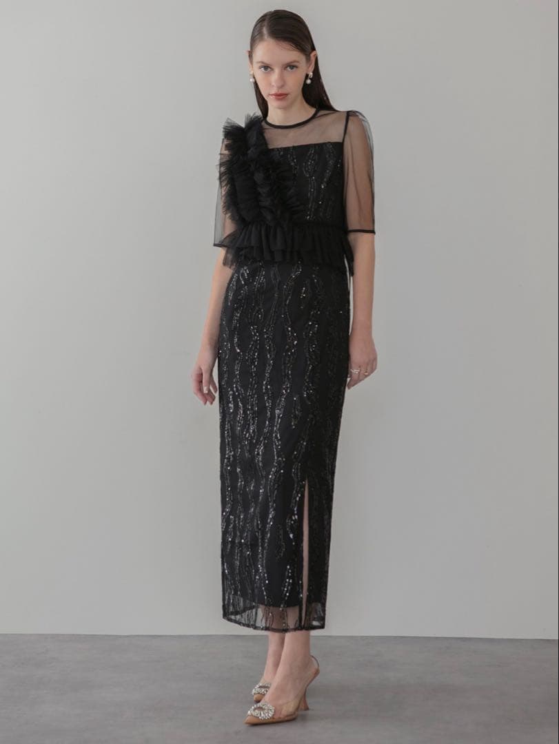 アシンメトリーフリルチュールIラインワンピースドレス結婚式パーティー二次会成人式