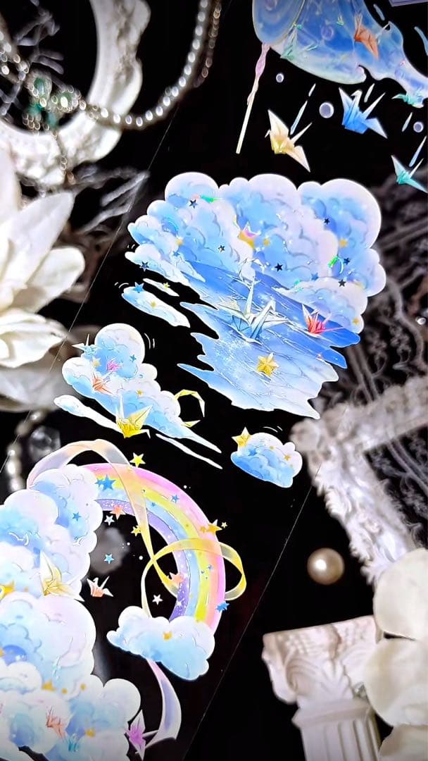 【8901】海外　マステ　3/5/巻　貝殻光マスキングテープ　虹　空　折り鶴