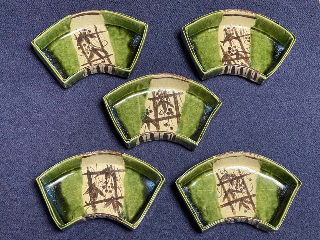 織部 扇面 向付 ５客 瀧口喜兵爾 作 箱無し 未使用