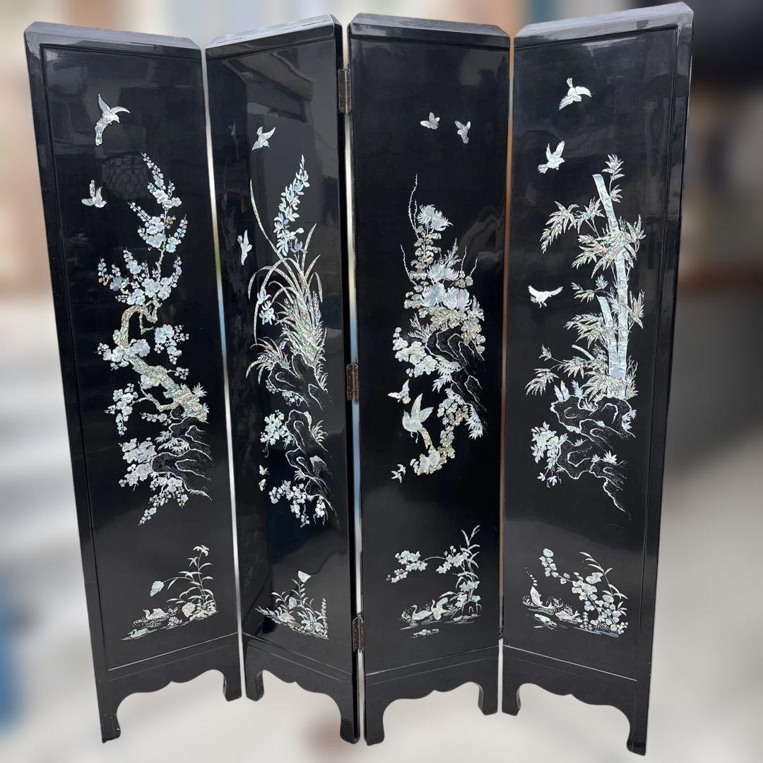 (40) [美しい] スクリーン　パーテショ衝立　屏風　美術　屏風　鶴　螺鈿細工