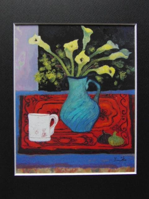 首藤百合子、【黄色いカラーの花】、希少な画集画、新品高級額・額装付