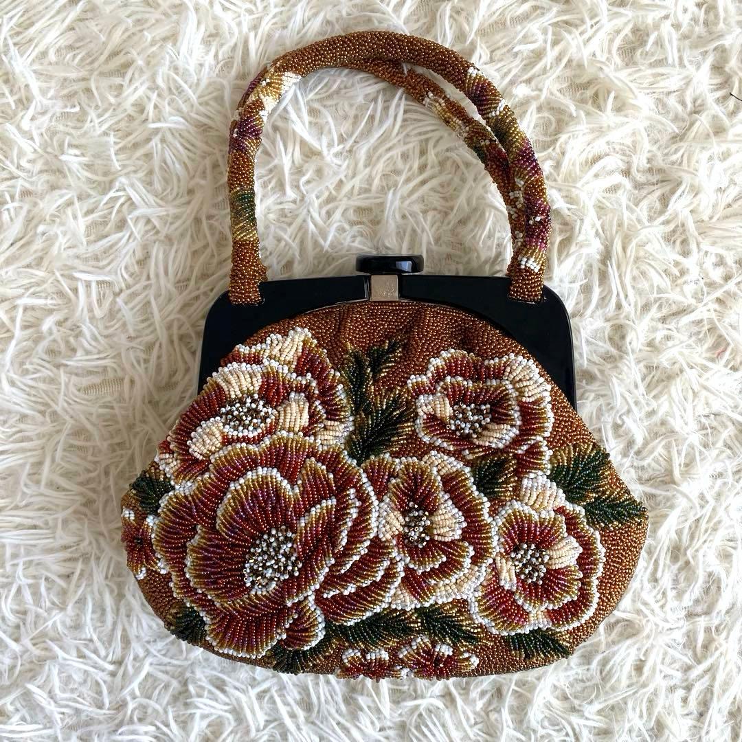 美品　和装バッグ ビーズバッグ フォーマル ビーズ 和装小物 茶