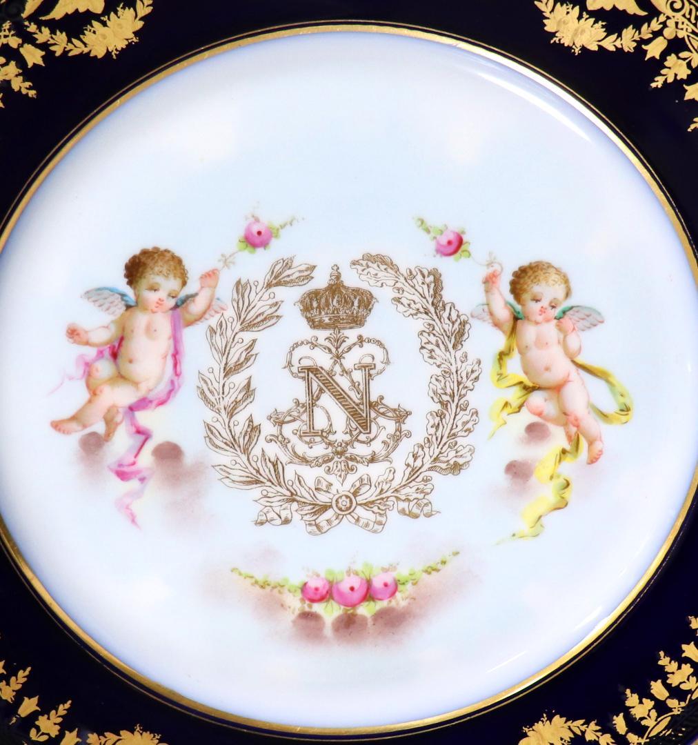 オールド・セーブル フランス第二帝政期1867年製 金彩天使図濃紺色大型プレート