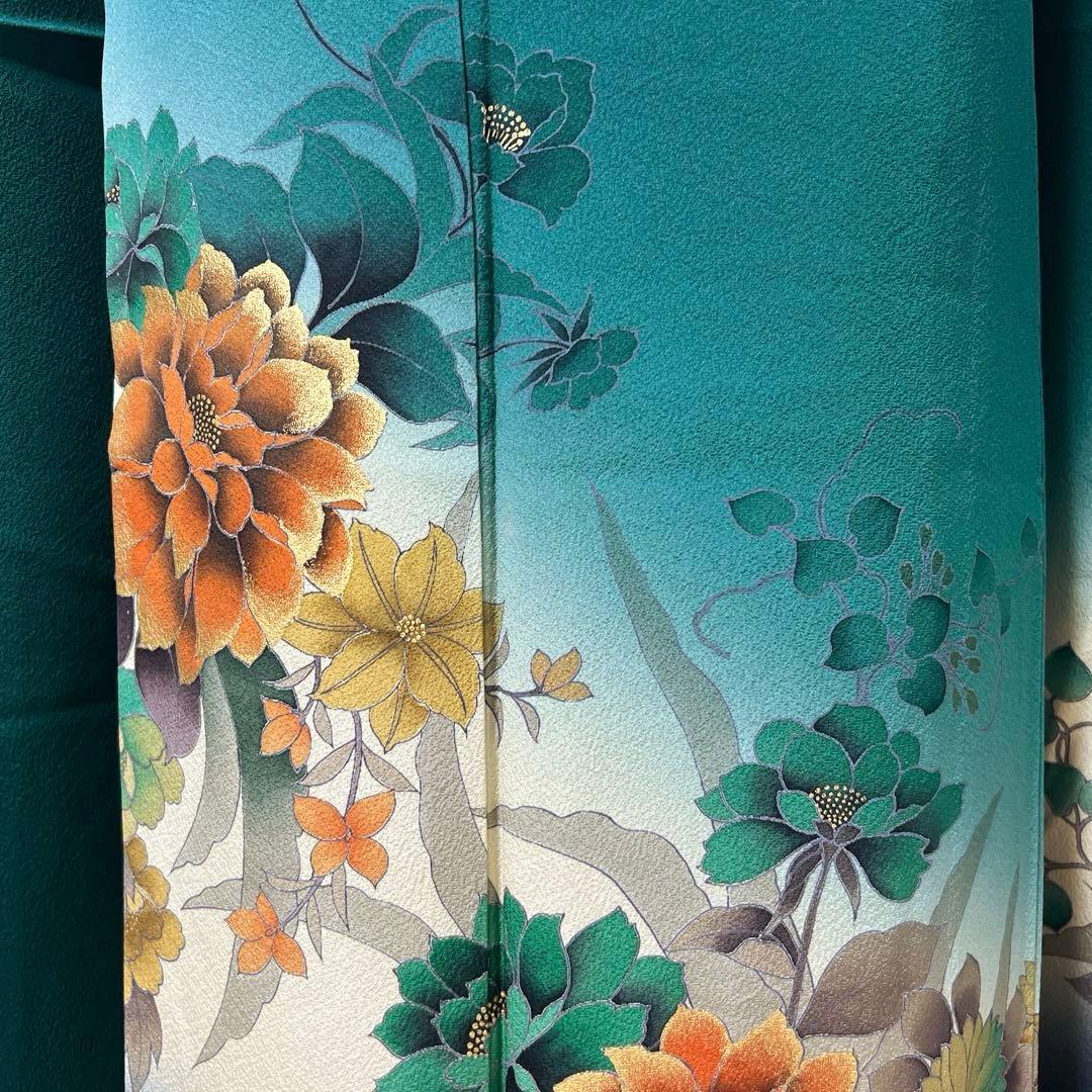 488 振袖フルセット 正絹 深緑 グリーン 金彩 暈し染め シック シンプル