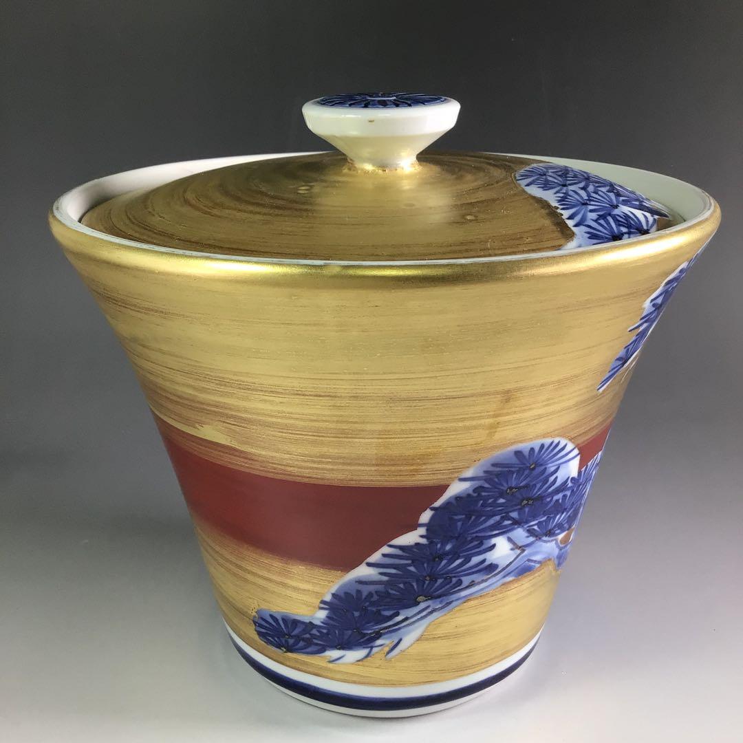 Ｒ２９６　水指　『在銘』『金地』『老松文』『末広水指』　木箱　茶道具