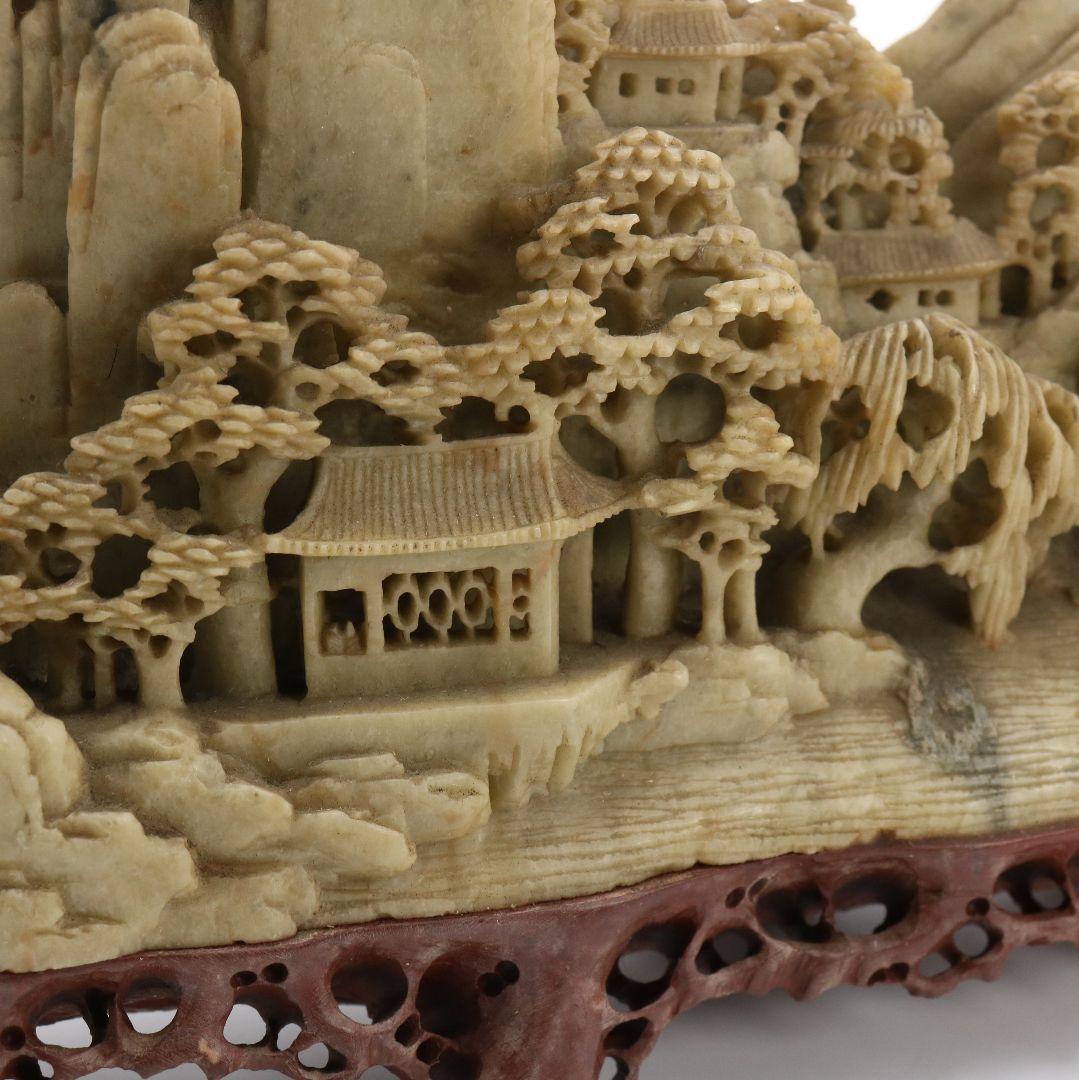 中国 寿山石楼閣山水雕 床飾 置物 彫刻　V306　KZ