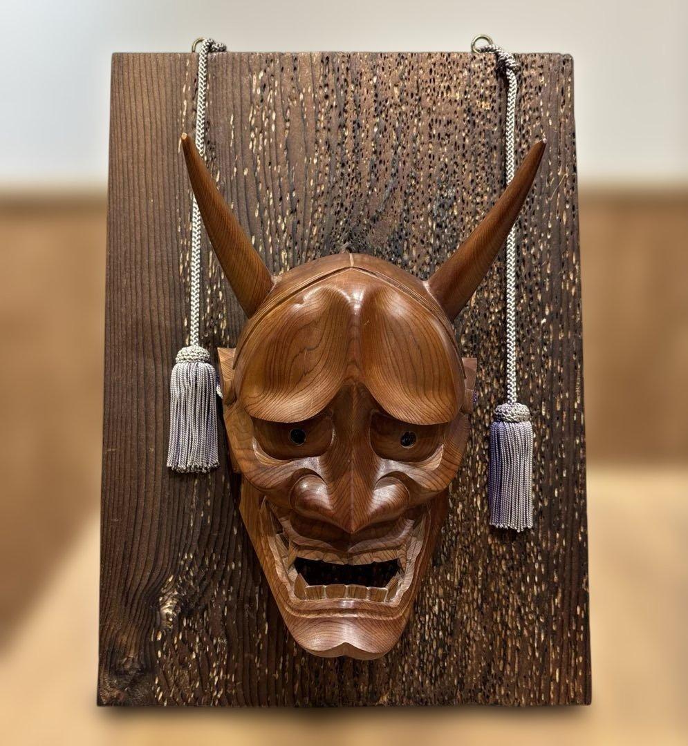 【良品・壁掛け可能です】木製 鬼の面 般若 木彫り 刻山