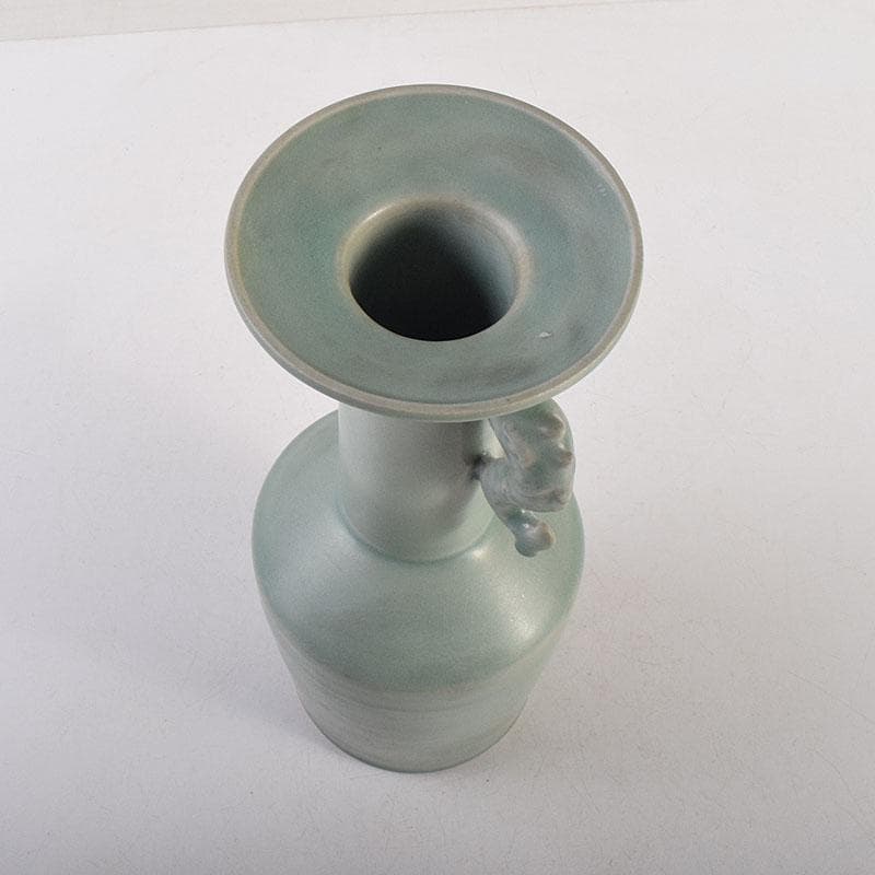 中国　龍泉窯　粉青釉　魚双耳瓶　花生　時代箱付　C　8294