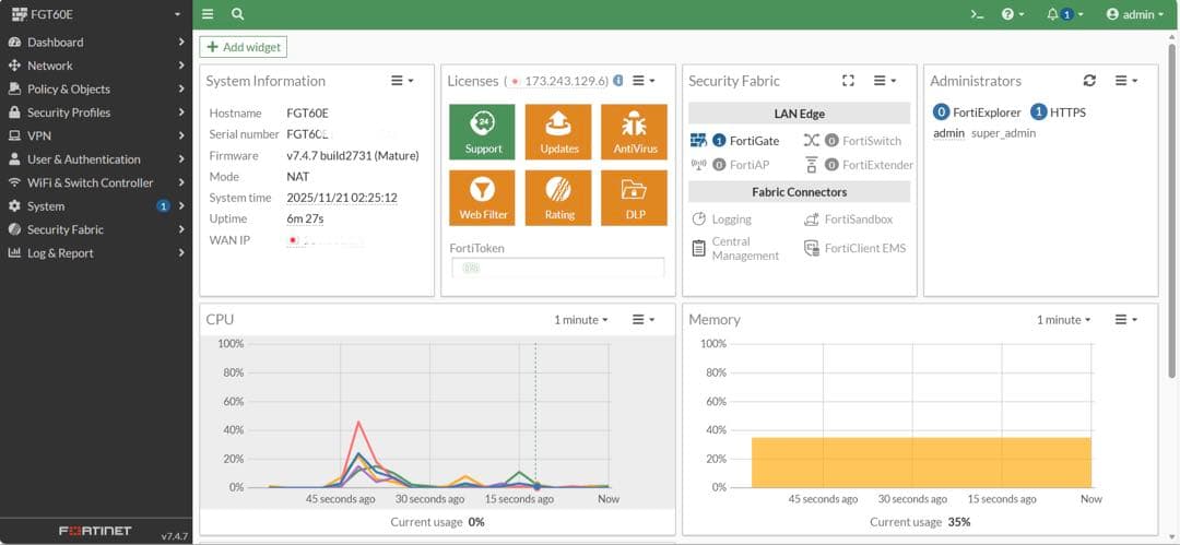 FORTINET FORTIGATE-60E(ライセンス切)【v7.4.7】①