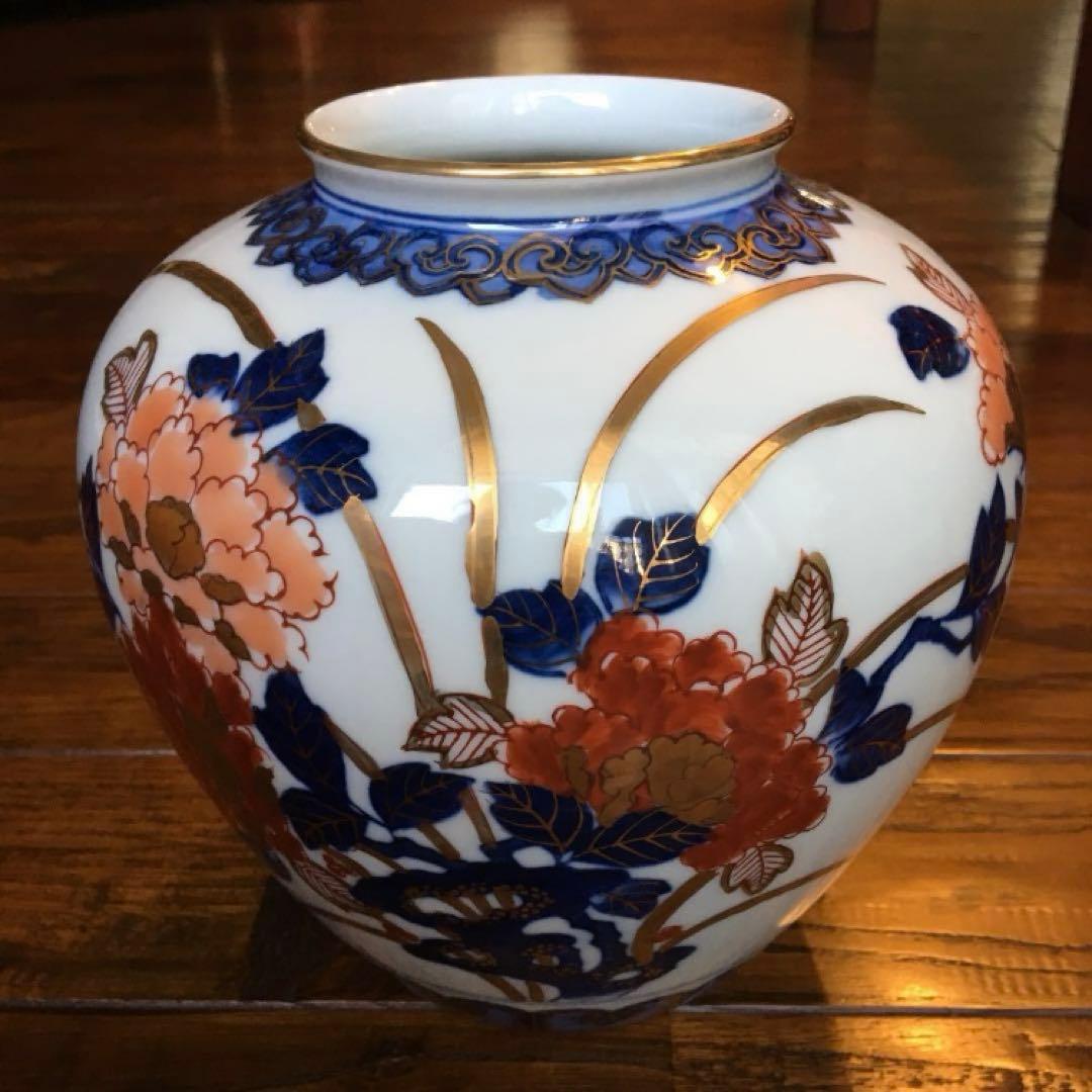 美品！経年70年以上 有田焼 染錦 牡丹 金彩 花入 花器 壺 飾壺 骨董品