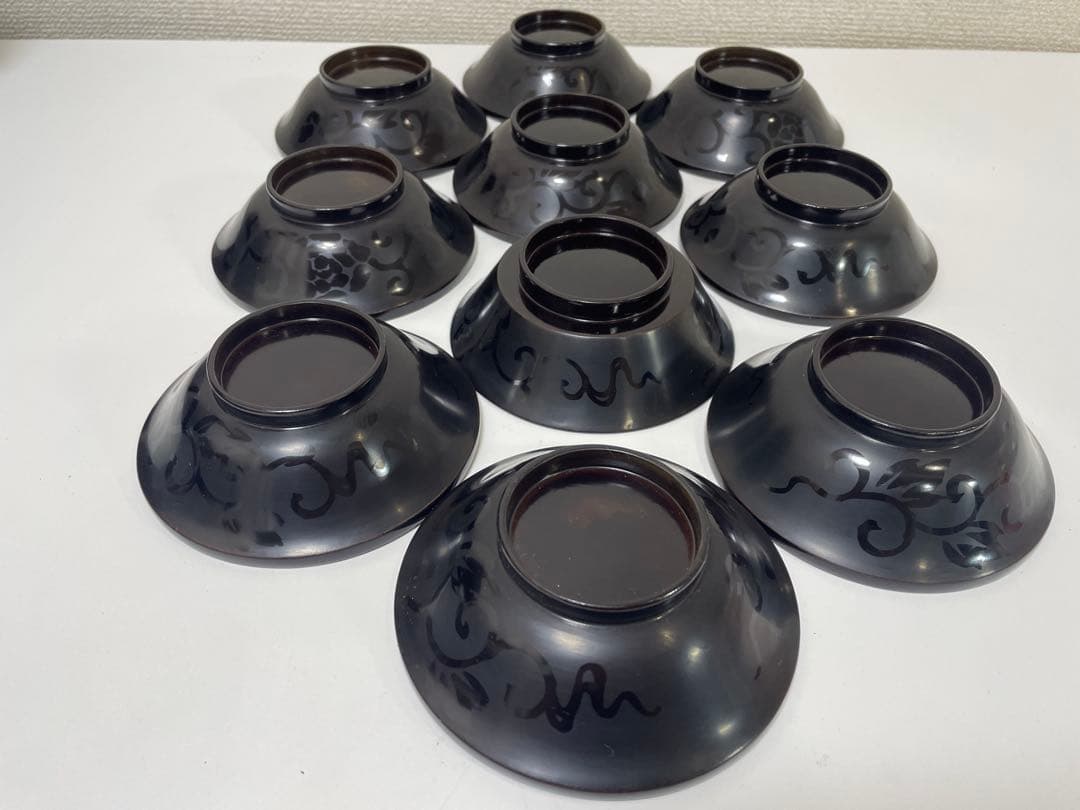黒漆器 黒漆 内黒塗 漆器 吸物 懐石椀 煮物椀 10客 唐草柄 アンティーク