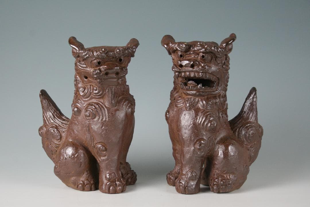 人間国宝一門　金城敏徳 作　南蛮焼〆立シーサー（大）1対