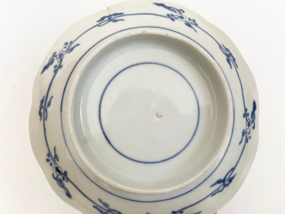 #1骨董　アンティーク　藍柿右衛門　染付　菊雲鶴文様　輪花皿　高脚皿　古伊万里