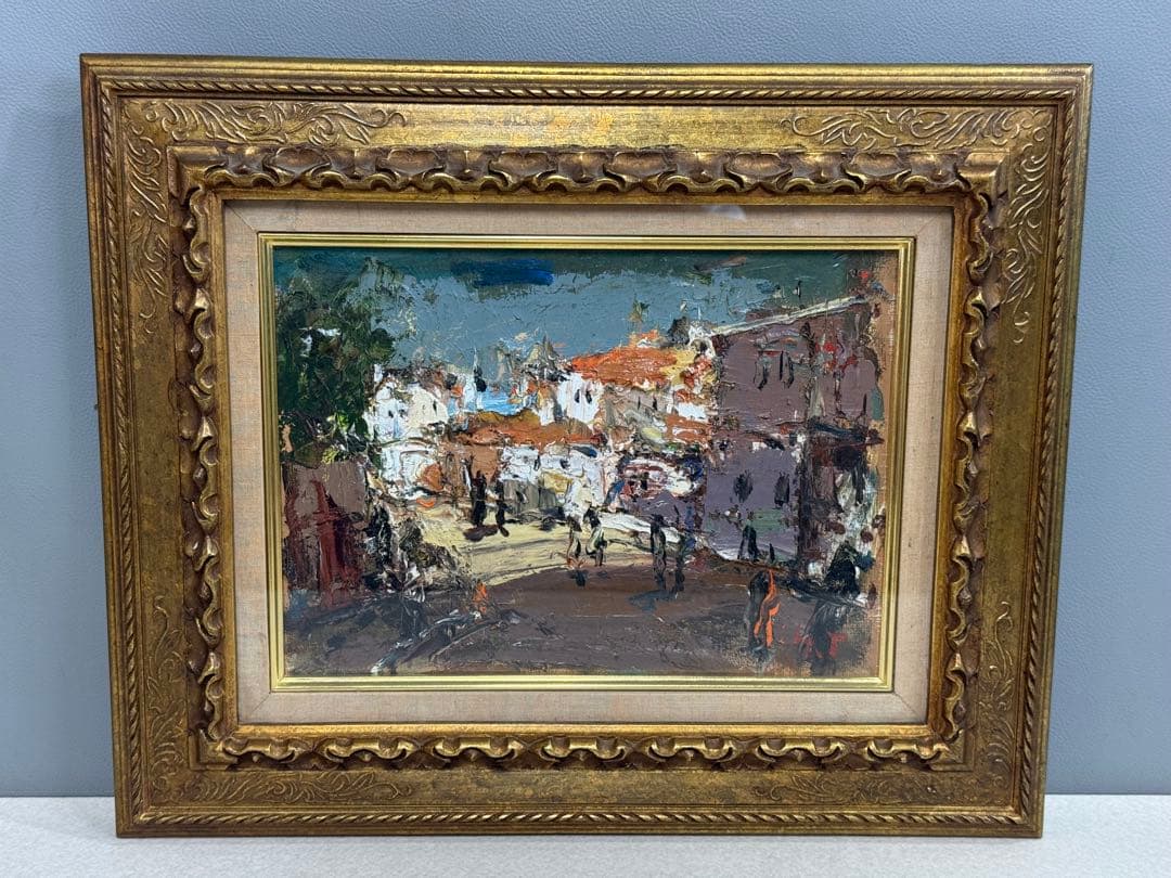 真作 友成晴雄 街角F4号 油彩画 油絵 風景画 直筆サイン