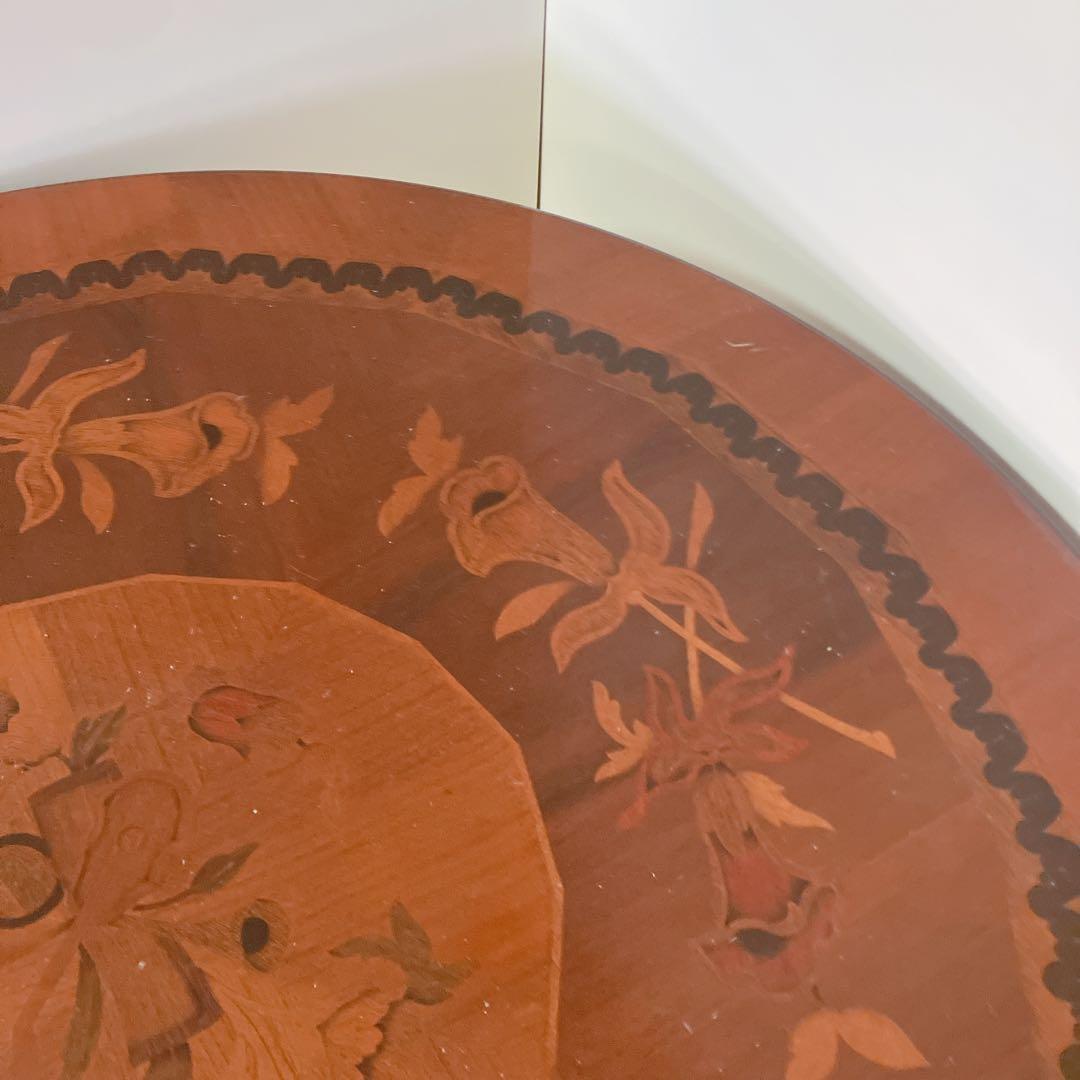 象嵌細工　コーヒーテーブル　円形テーブル　アンティーク調　カフェテーブル