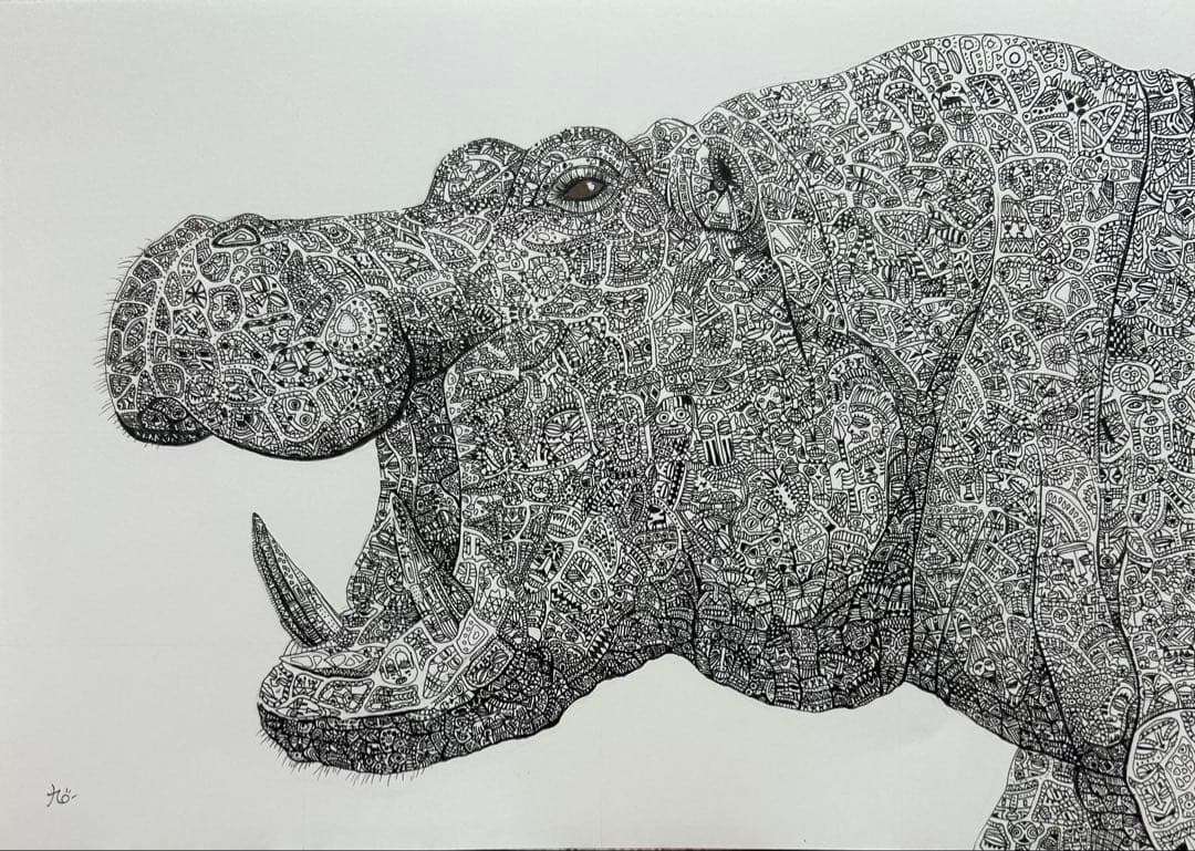 カバ　動物ペン画No.18