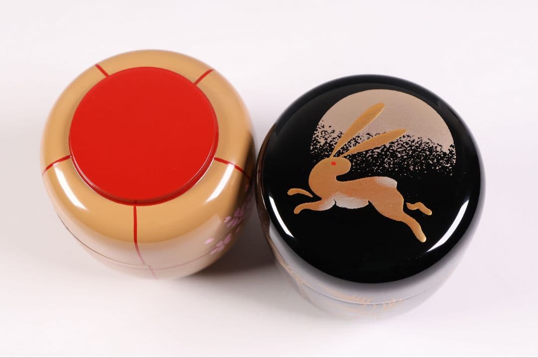 茶道具 棗 2点 ぼんぼり 月と兎 木製 黒塗 白塗 / 土居義峰【CM348】