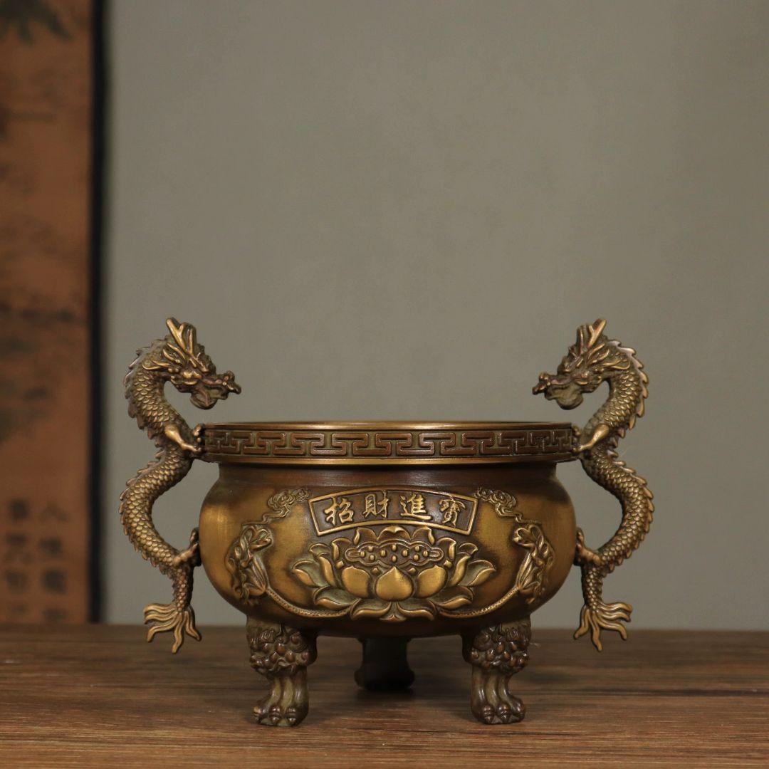 銅器 香炉 双龍耳蓮華香炉 三足鼎 仏堂挿香香炉 双龍炉 装飾品 工芸品 置物